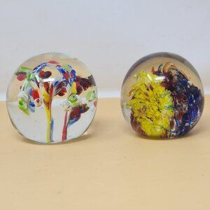 Handcrafted Glass Paperweight Set With Multicolored‎ Floral Designs Clear Finish